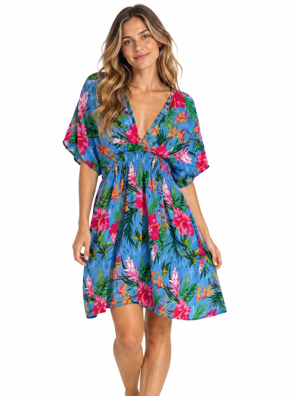 INGEAR Tropical Floral Rayon Dress OS Smocked Waist V Neck Resort Vacation